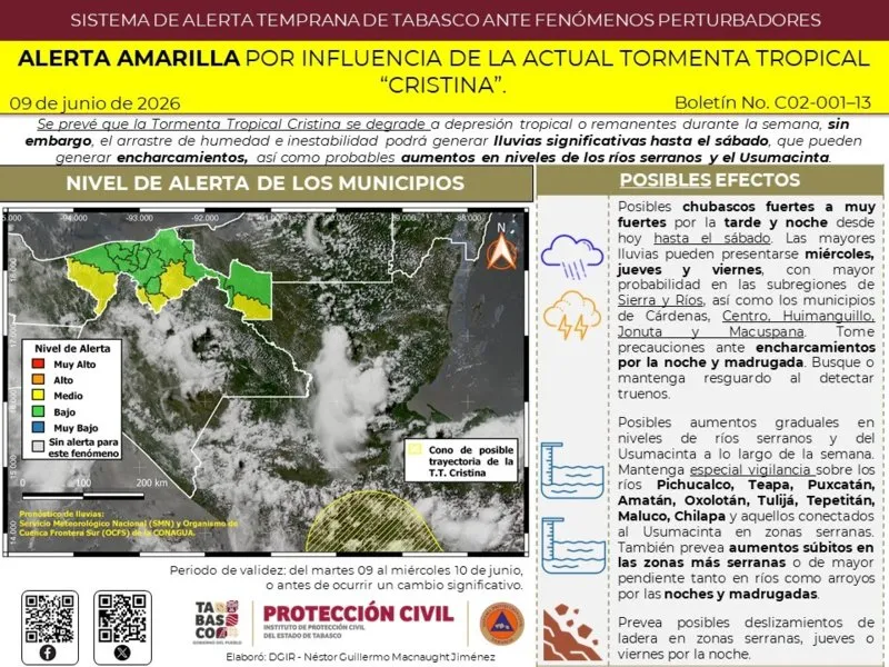 Alerta amarilla por tormenta Cristina en Tabasco