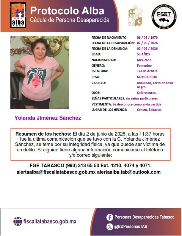 Activan Protocolo Alba por desaparición de Yolanda Jiménez
