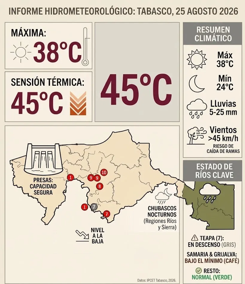 Sensación térmica de 45°C en Tabasco este martes; chubascos nocturnos al oriente