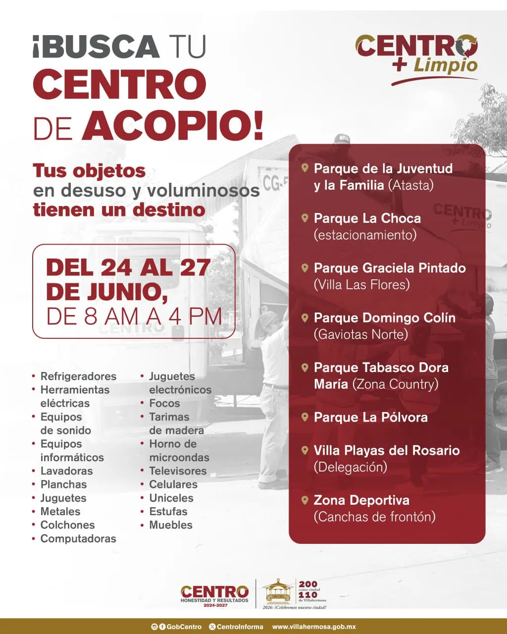 Centro recibirá cacharros y objetos grandes del 24 al 27 de junio
