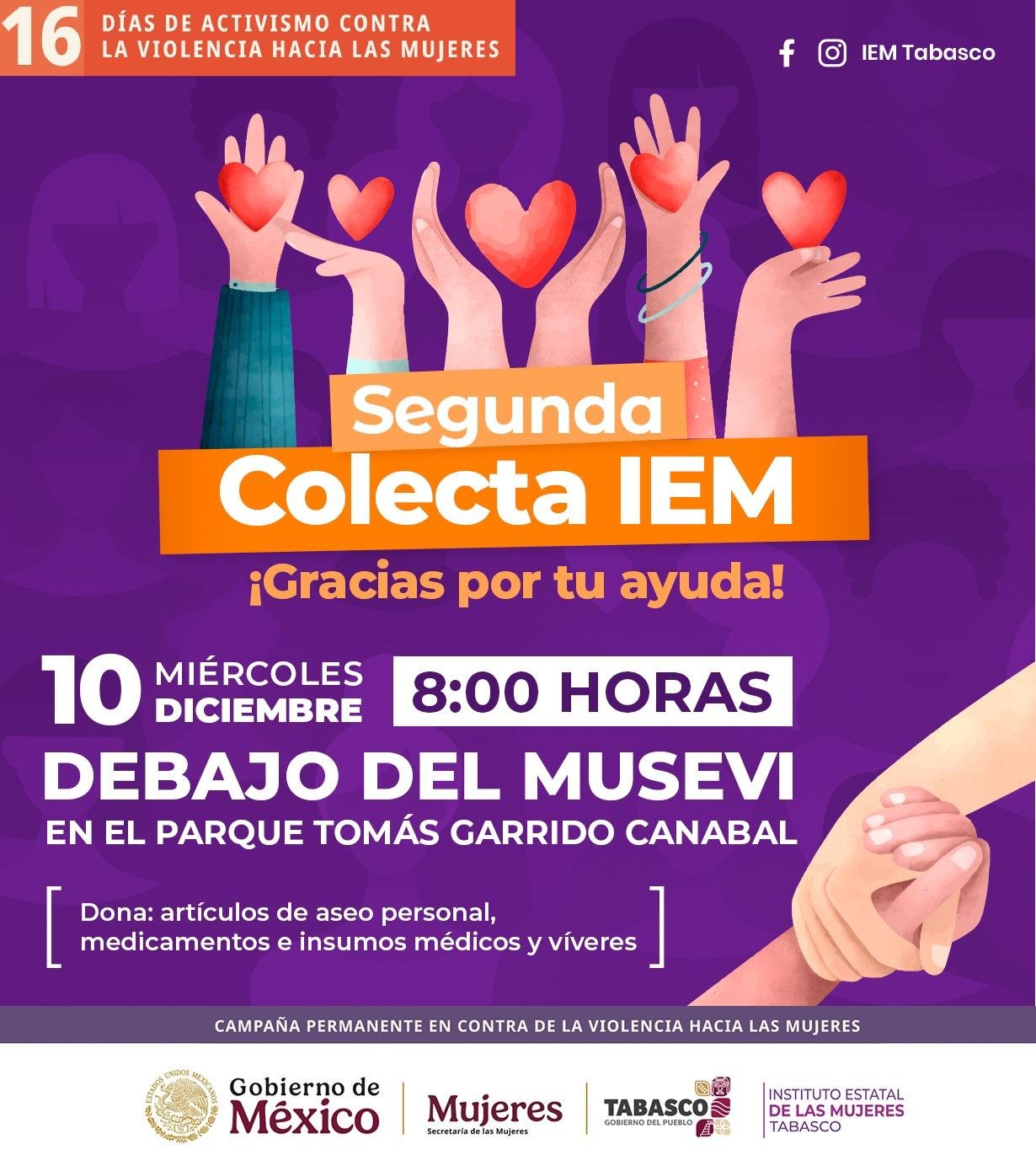 IEM Tabasco: 2da colecta para mujeres, niñas y niños vulnerables