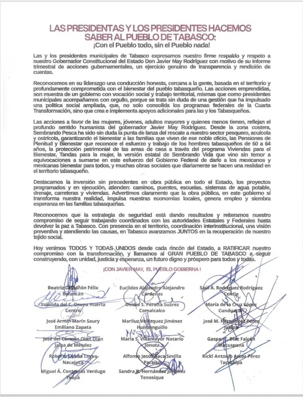 Los 17 alcaldes de Tabasco refrendan respaldo a Javier May