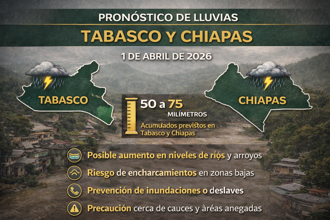 Lluvias muy fuertes en Tabasco y Chiapas elevan riesgo hoy