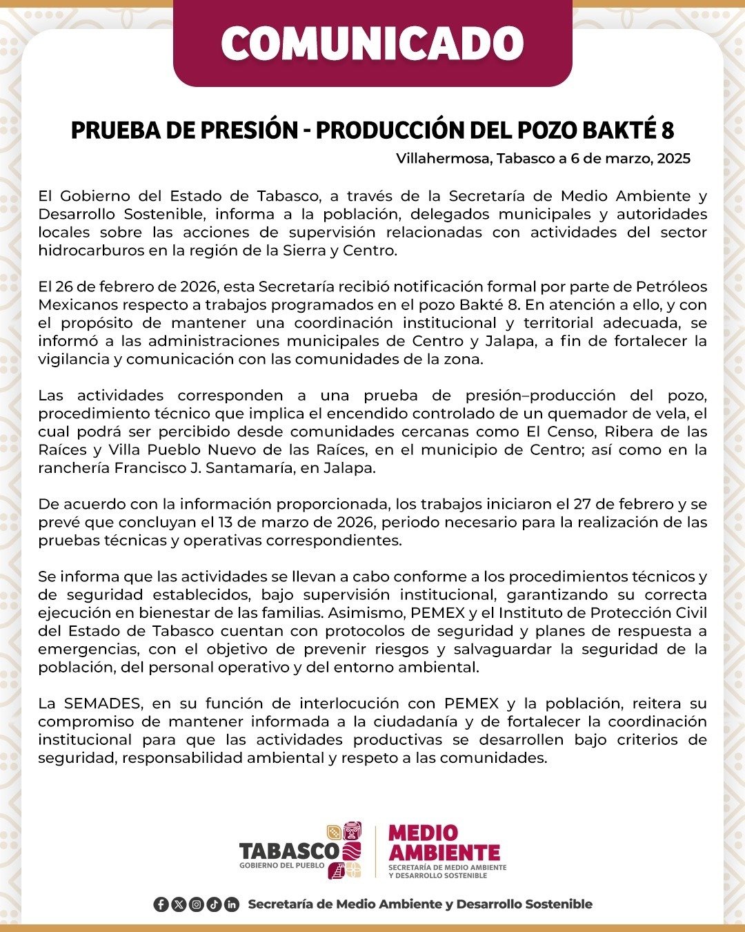 Supervisan prueba de presión del pozo Bakté 8 en Tabasco