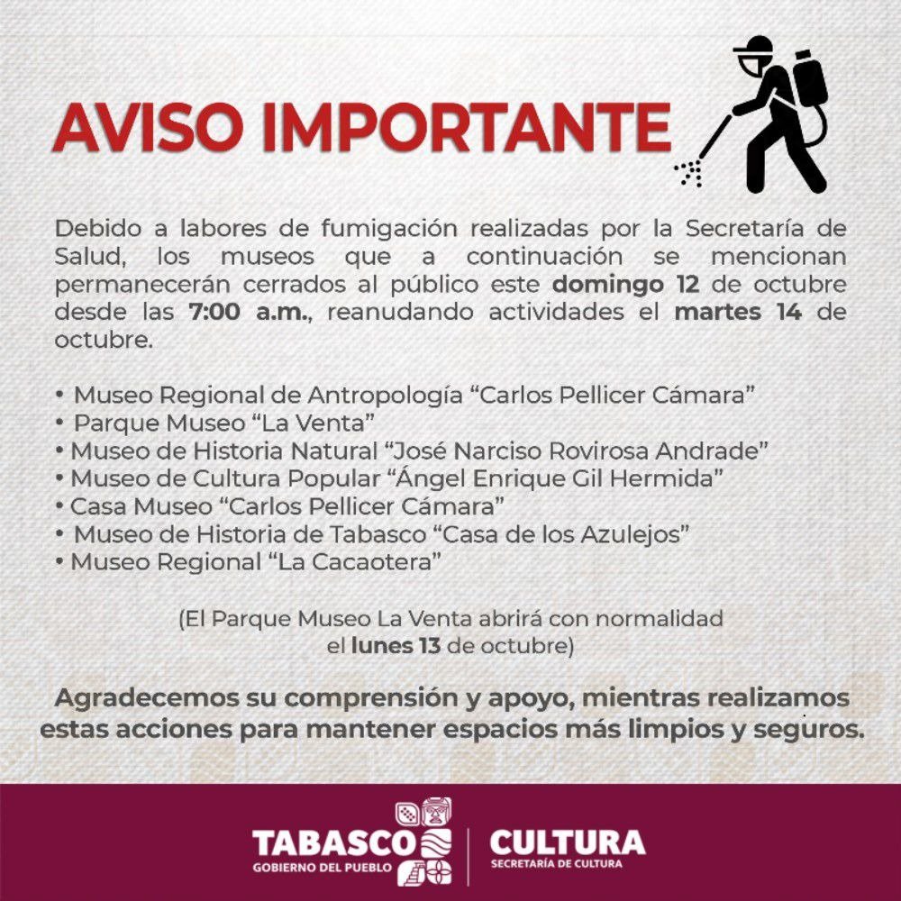 Cierre temporal de museos en Tabasco por fumigación sanitaria