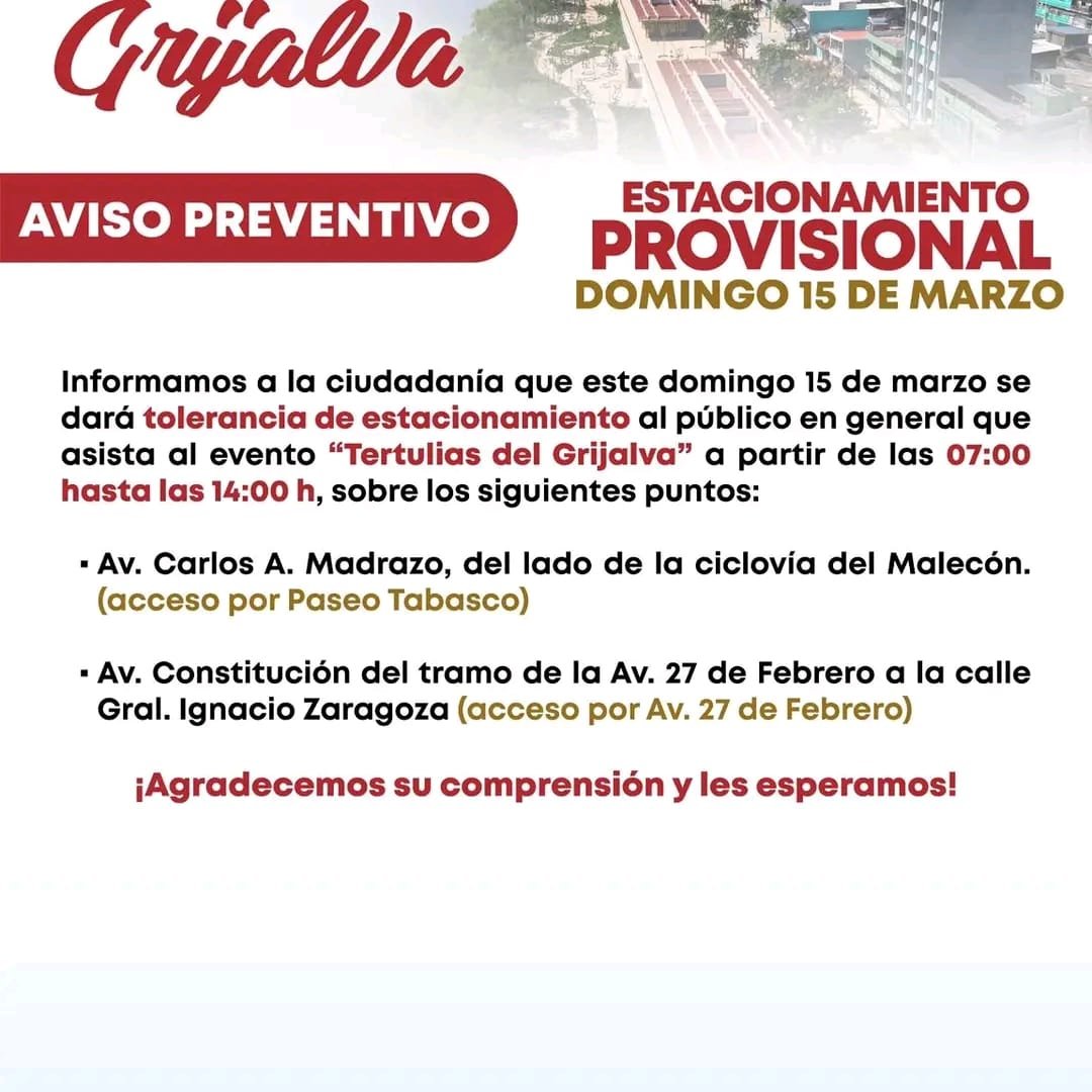 Tertulias del Grijalva tendrá estacionamiento temporal en Malecón