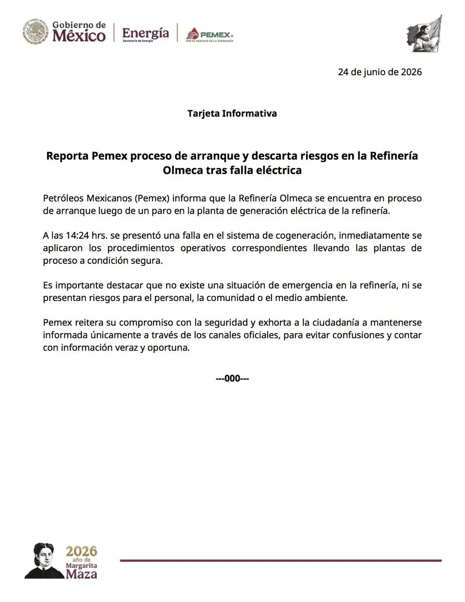 Refinería Olmeca reanuda arranque tras falla eléctrica