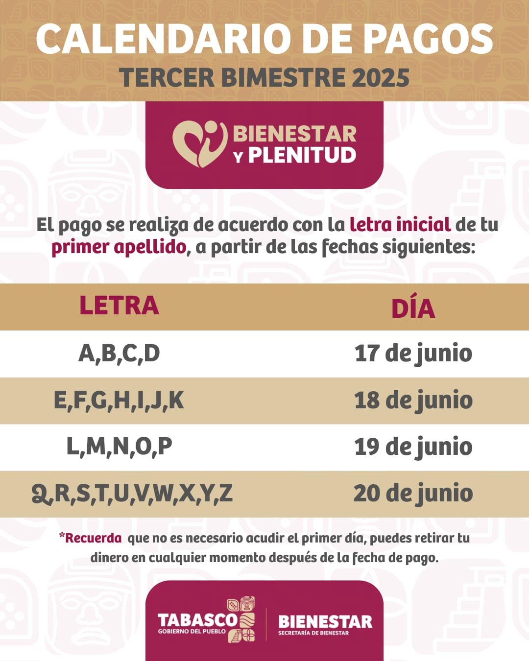 Del 17 al 20 de junio se realizará pago de pensión del programa Bienestar y Plenitud