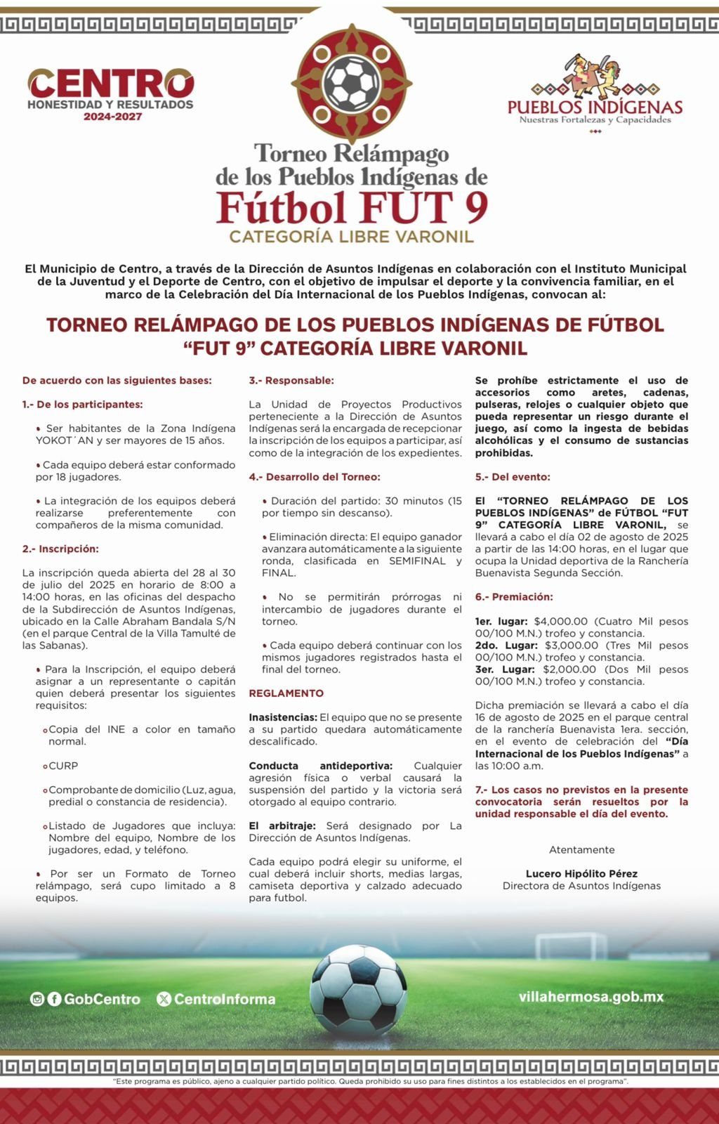 Convoca Centro a Torneo Relámpago de Fútbol 9 para pueblos indígenas