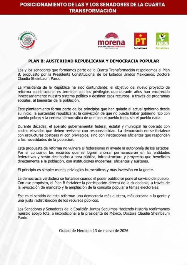 Morena y aliados respaldan el "Plan B" de Sheinbaum