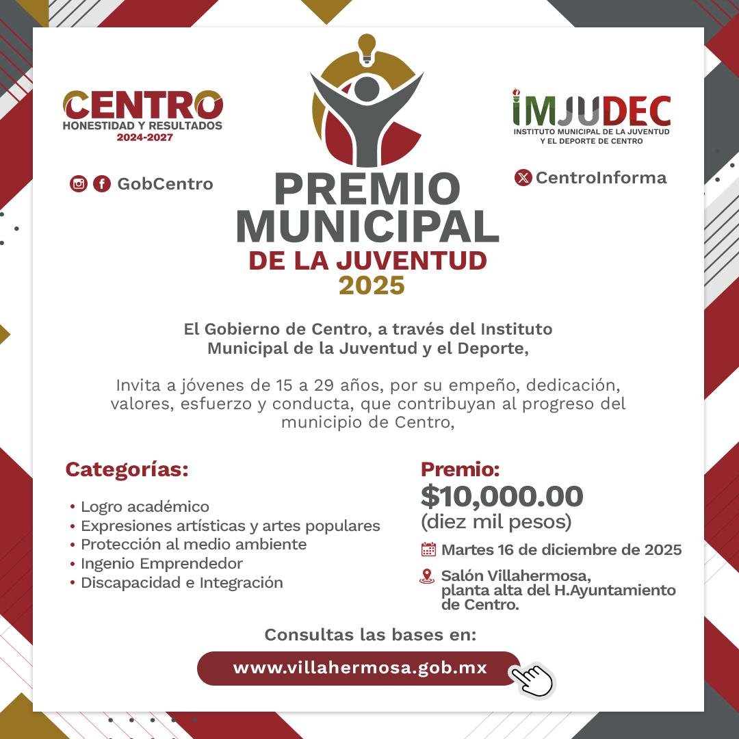 Invita Centro a participar en los premios municipales de la Juventud y el Deporte 2025*