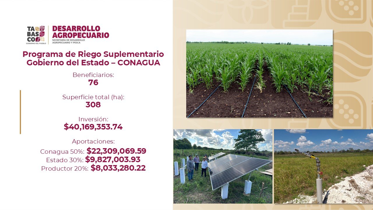 Programa de Riego Suplementario impulsa producción agrícola en Tabasco