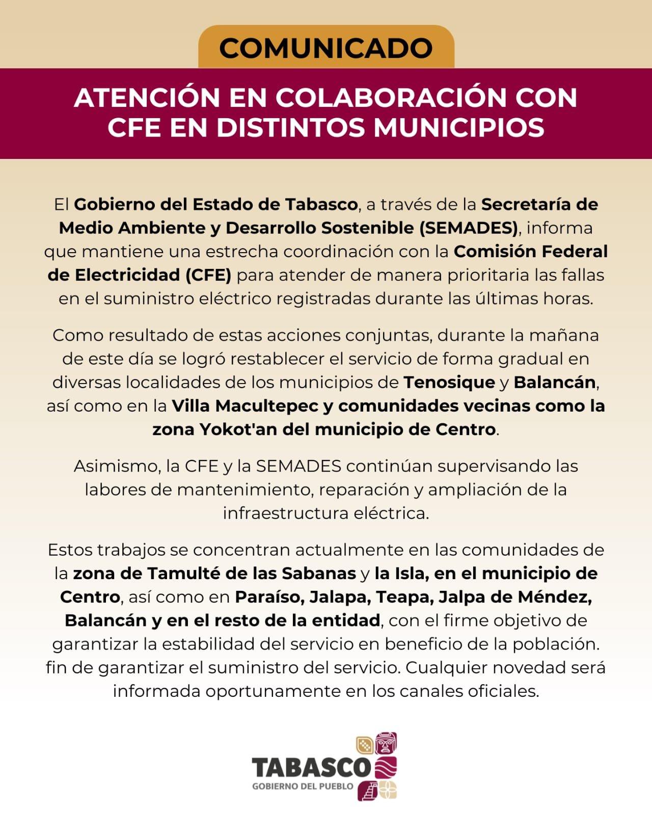 Restablecen luz en zonas de Tabasco; siguen trabajos en 7 municipios
