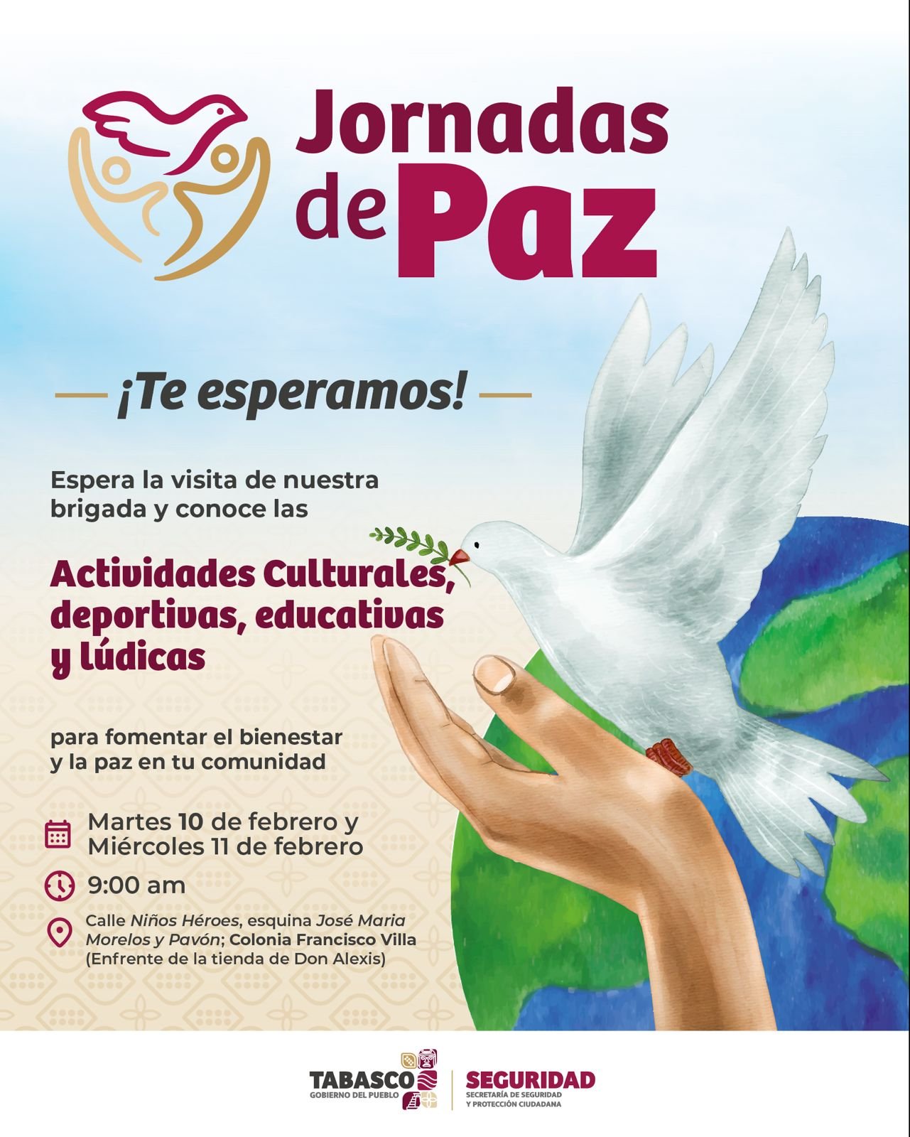 Iniciarán este martes Jornadas de Paz en la colonia Francisco Villa del municipio de Centro