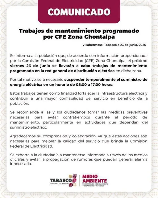 Trabajos de mantenimiento programado por CFE Zona Chontalpa