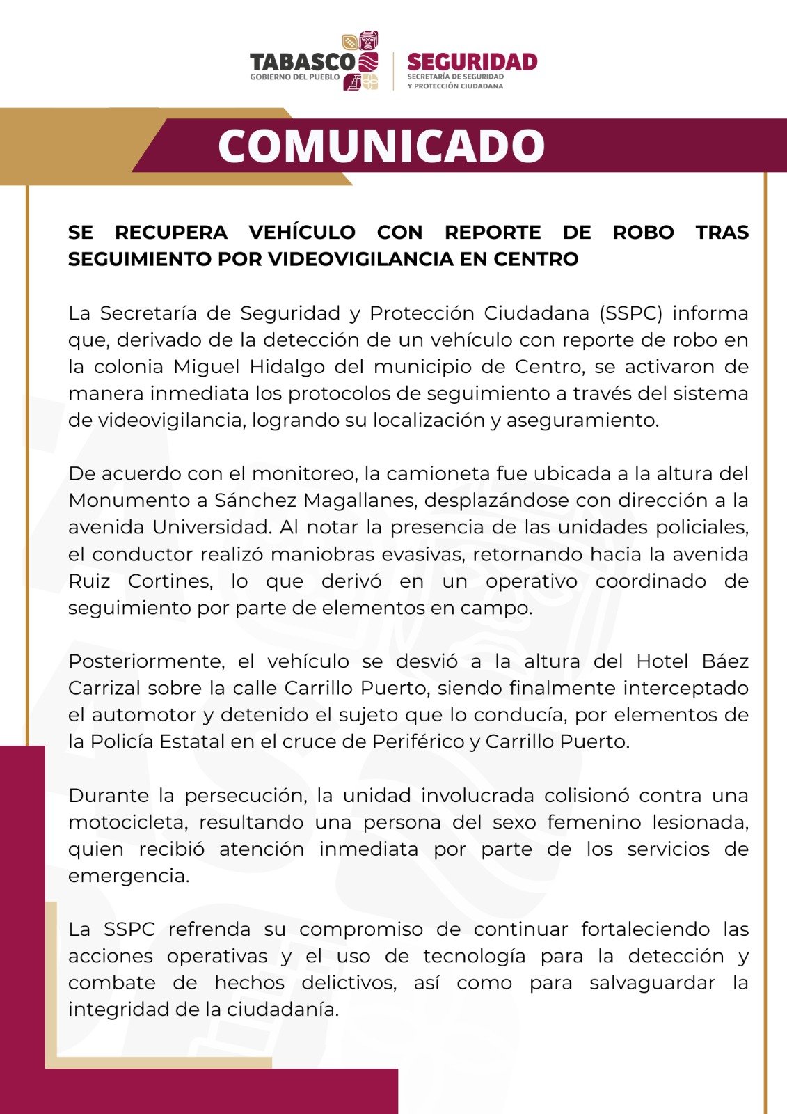 Recuperan camioneta robada en Centro tras persecución