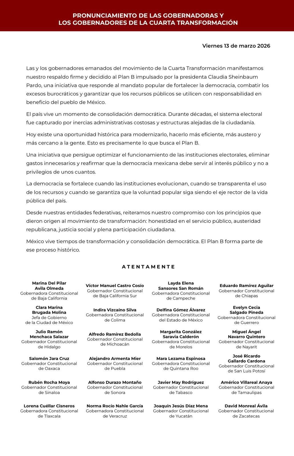 Plan B de Sheinbaum suma respaldo de gobernadores de la 4T
