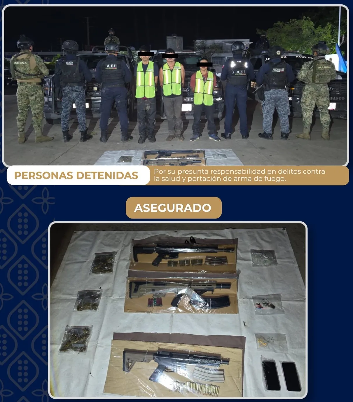 FIRT Olmeca detiene a tres personas con armas del Ejército en Jonuta